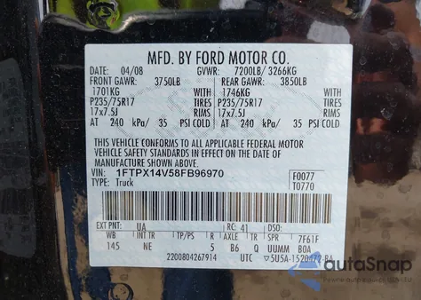 2008 Ford F150 z USA, uszkodzony, nr VIN 1FTPX14V58FB96970